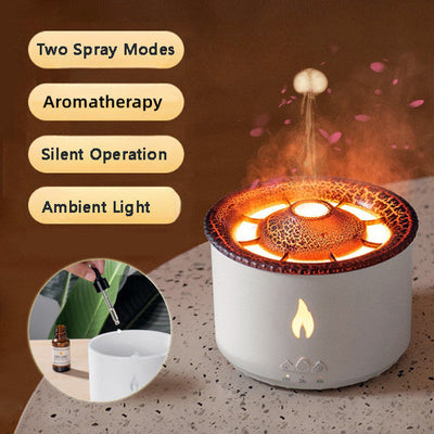 Ultrasonic essential oil humidifier with volcano flame effect, aromatherapy, silent operation, and ambient light in white cylindrical design