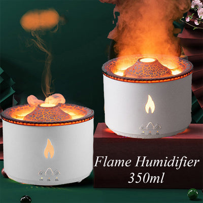 Ultrasonic essential oil humidifier with flame lighting and jellyfish smoke effect, 350ml capacity, aroma diffuser with timer settings.