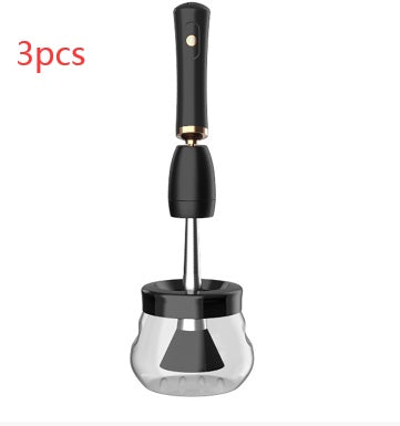 Electric makeup brush cleaning machine with black handle and clear washing bowl.