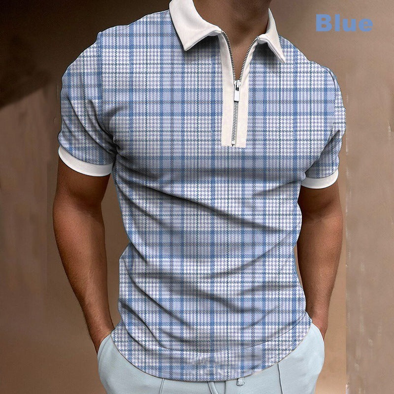 Men's blue check chemical fiber blended polo shirt with zipper and stand-up collar
