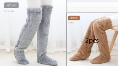 Over knee high fuzzy socks in light gray and brown, warm winter wear.