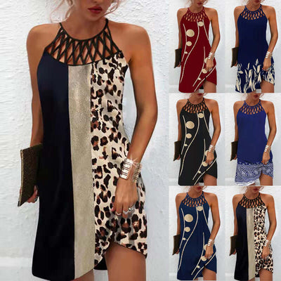 Japanese and Korean casual halterneck summer dress with print, sleeveless A-line mid-length style in multiple colors and patterns