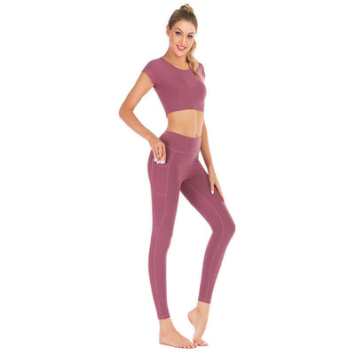 Women wearing pocket yoga clothes suit in size S M L XL, made of versatile Lycra fabric in rose color