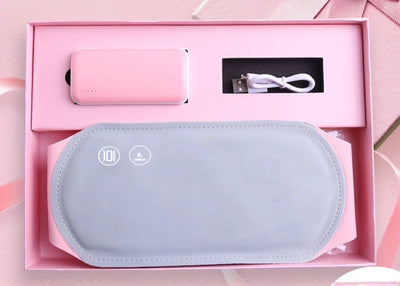 Warm Heart Heating Belt in gray with USB charger and white cable in pink gift box for menstrual pain relief