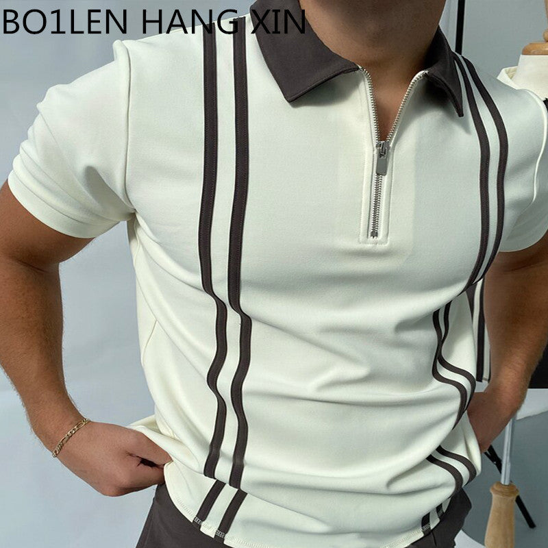 Men's chemical fiber blended white polo shirt with short sleeves and front zipper check stripes design