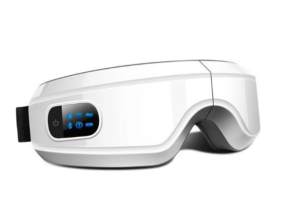 White rechargeable eye protector with LCD screen and Bluetooth features for eye massage and relaxation