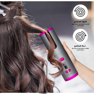 Cordless automatic hair curler iron curling hair with left and right rotation settings in use