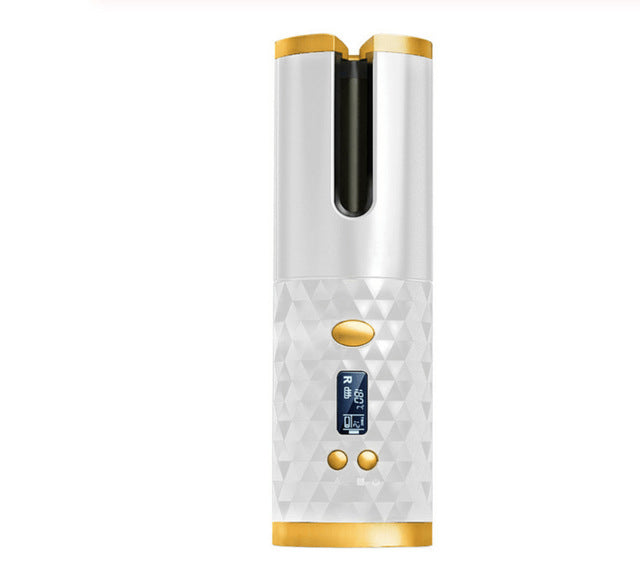 Cordless automatic hair curler iron with digital display and gold accents, rechargeable and portable styling tool