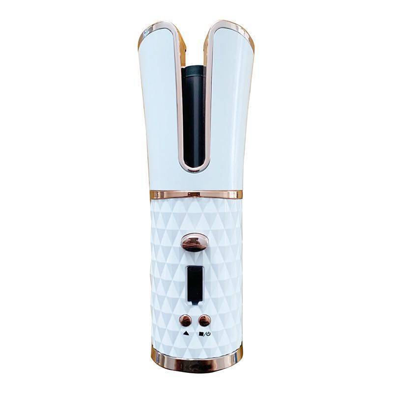 Cordless automatic hair curler with white textured body and rose gold accents, rechargeable and wireless design
