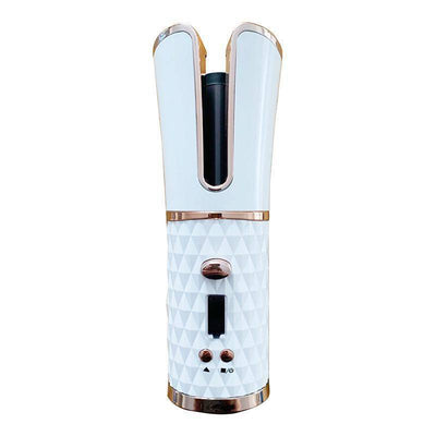 Cordless automatic hair curler with white textured body and rose gold accents, rechargeable and wireless design