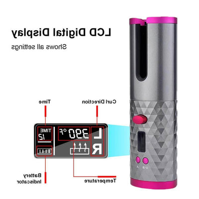 Cordless automatic hair curler with LCD digital display and adjustable temperature settings