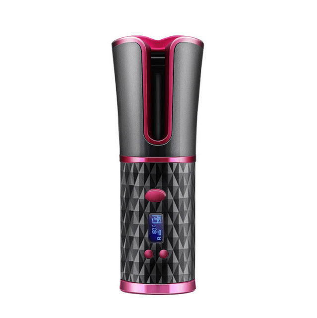 Cordless automatic hair curler iron with rechargeable battery and digital display in black and pink design