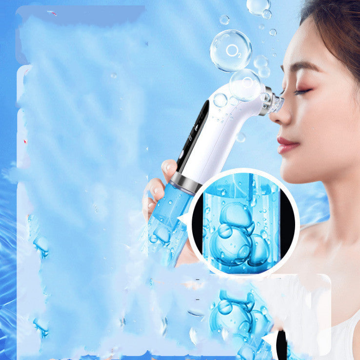 Woman using electric blackhead acne pore cleaner with powerful suction and water bubbles effect