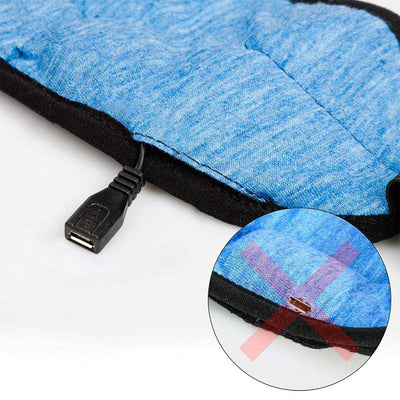 Bluetooth Sleep Eye Mask in blue fabric with USB charging port and stitching detail.