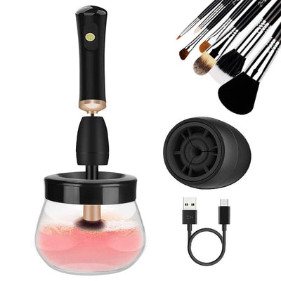 Electric scrubber for makeup brush cleaning with silicone brush and portable plastic handle.