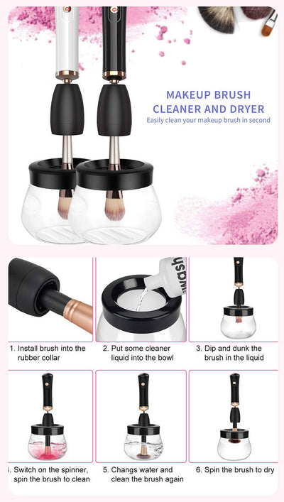 Electric makeup brush cleaning machine with silicone brush head and portable plastic handle, showcasing washing and drying process.