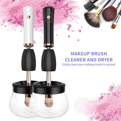 Electric makeup brush cleaning machine with silicone scrubber and plastic handle, shown with brushes, featuring portable design for easy cleaning.