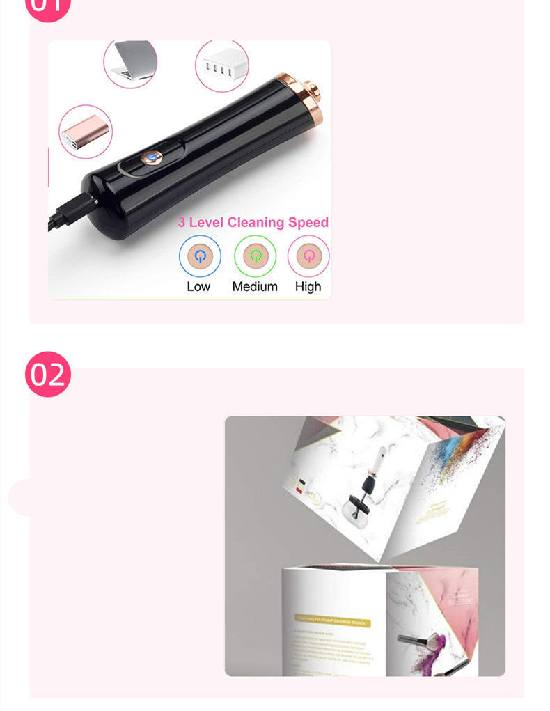 Electric makeup brush cleaning machine with silicone brush, three cleaning speeds, and portable plastic handle.