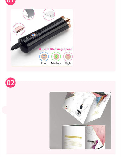 Electric makeup brush cleaning machine with silicone brush, three cleaning speeds, and portable plastic handle.