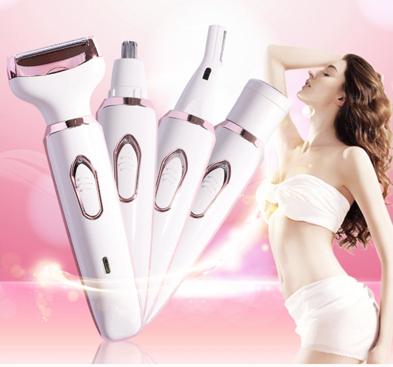 4 in 1 electric women epilator set with multiple attachments for bikini, body, armpit, and eyebrow trimming in white and rose gold design