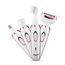 Electric women epilator 4-in-1 with bikini, body, armpit, eyebrow, and nose hair trimming attachments, USB rechargeable.