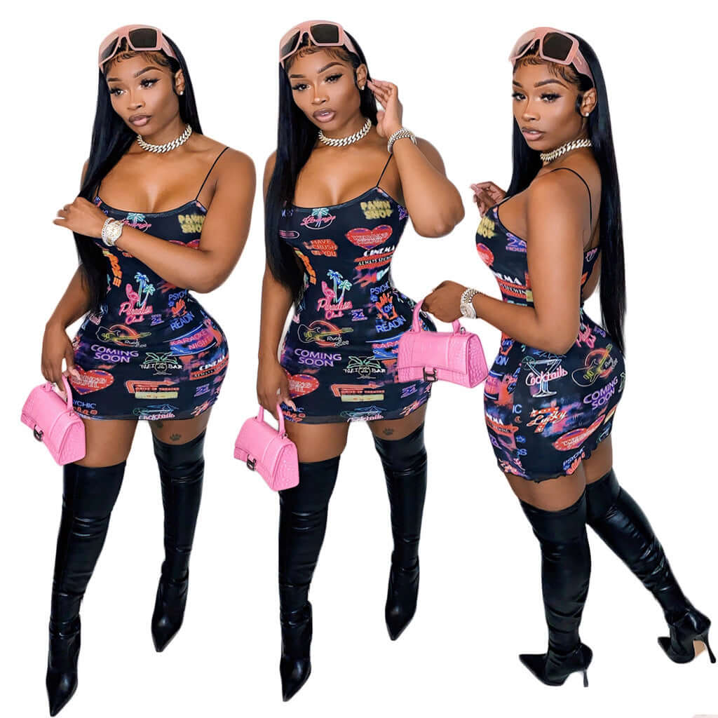 woman wearing printed collage splicing sling bodycon mini dress with thigh high boots and pink handbag