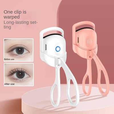 Portable electric heated eyelash curlers in white and pink with before and after lash curling results.