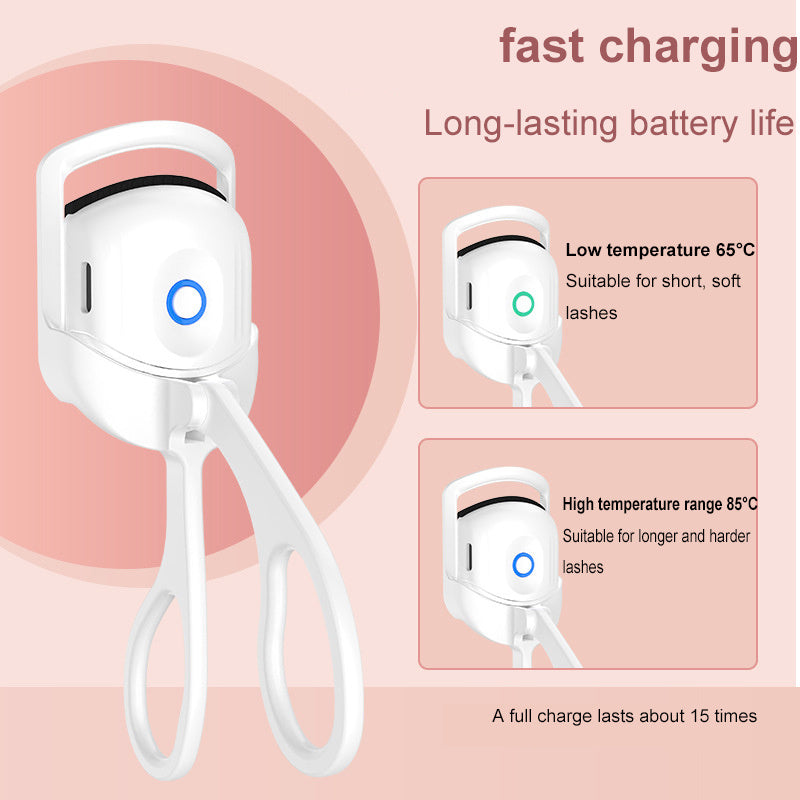 Electric heated eyelash curler with fast charging, dual temperature settings for soft and hard lashes, portable USB rechargeable design