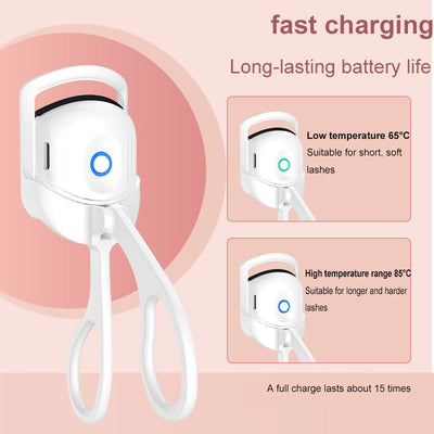 Electric heated eyelash curler with fast charging, dual temperature settings for soft and hard lashes, portable USB rechargeable design
