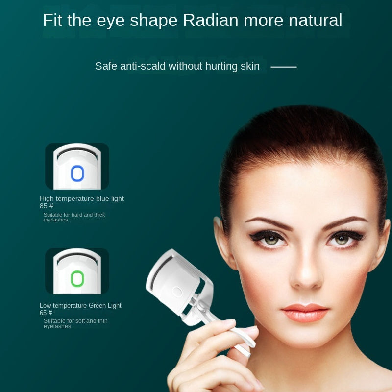 Portable rechargeable heated eyelash curler with dual temperature settings for natural long-lasting eyelash curls and safe skin use.
