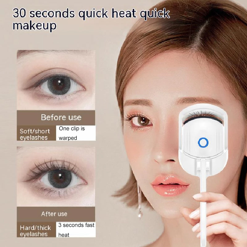 Woman using portable rechargeable electric heated eyelash curler for quick and long-lasting curl enhancement