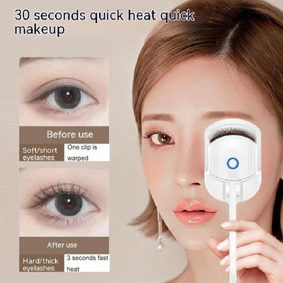 Woman using portable rechargeable electric heated eyelash curler for quick and long-lasting curl enhancement