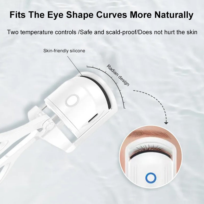 Portable heated eyelash curler with fast heating, two temperature settings, skin-friendly silicone, and USB rechargeable design for natural lash curls.