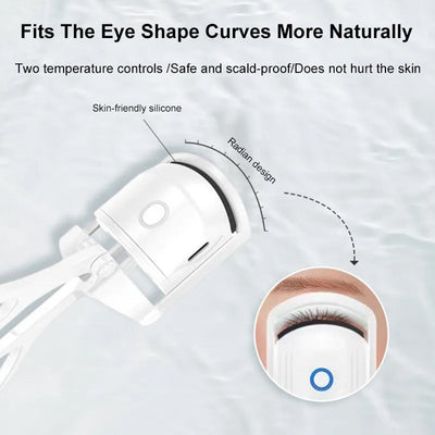 Portable heated eyelash curler with fast heating, two temperature settings, skin-friendly silicone, and USB rechargeable design for natural lash curls.