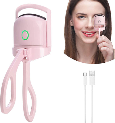 Portable pink rechargeable heated eyelash curler with USB Type-C charging and fast 10-second preheat for long-lasting curls.