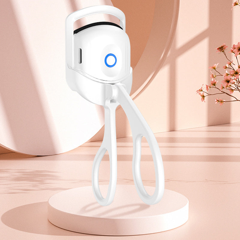 Portable rechargeable heated eyelash curler with USB Type-C fast heating and dual temperature settings for long-lasting eyelash curls