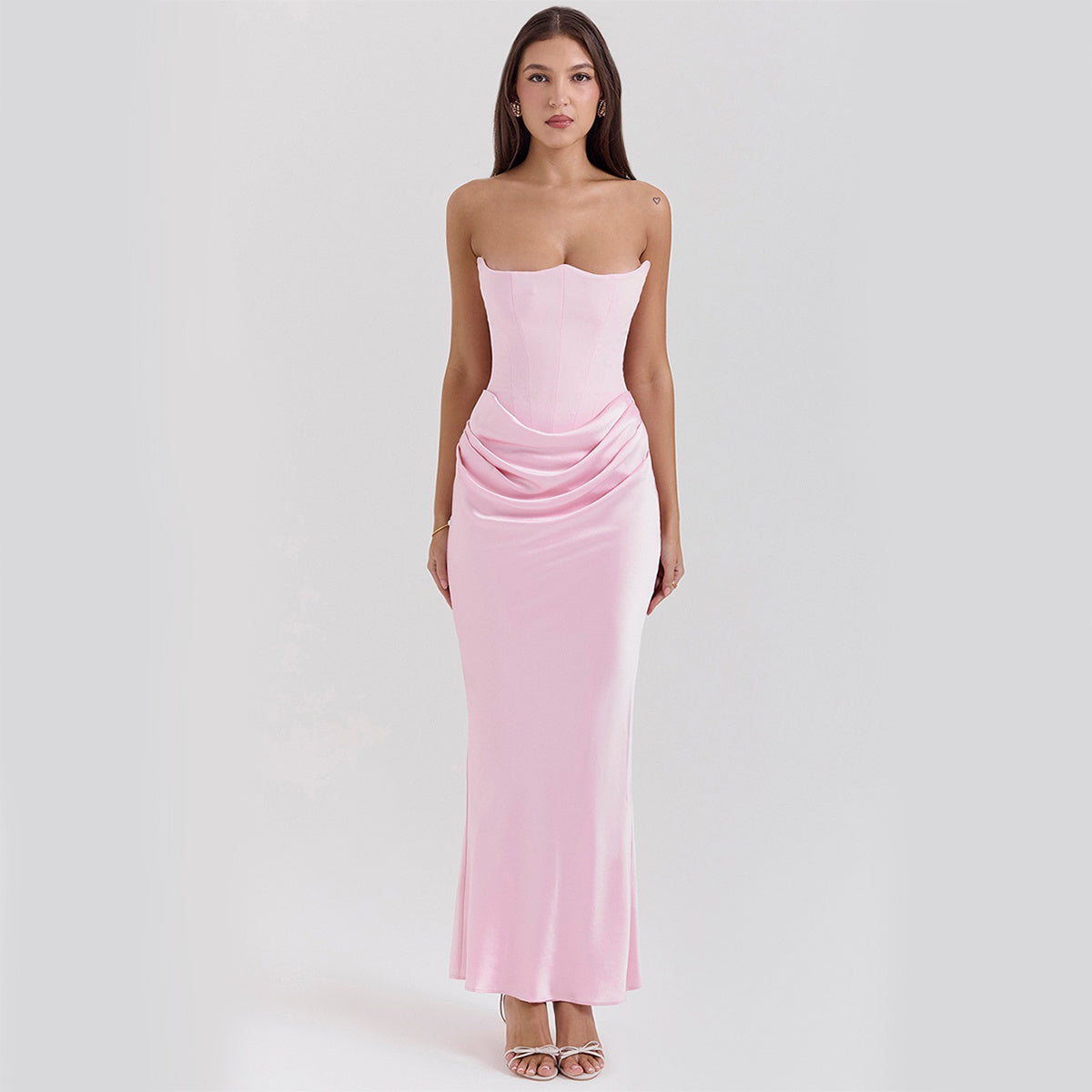 slim pink tube top long dress with draped skirt and backless design sexy style evening gown for women