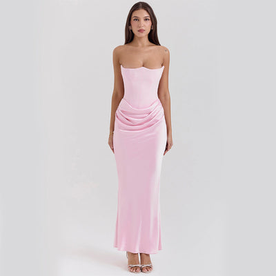 slim pink tube top long dress with draped skirt and backless design sexy style evening gown for women