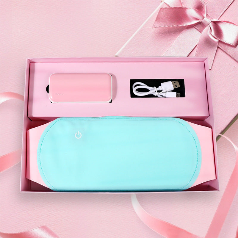 Warm Heart Heating Belt in blue with USB charging pack and cable in pink gift box for menstrual pain relief