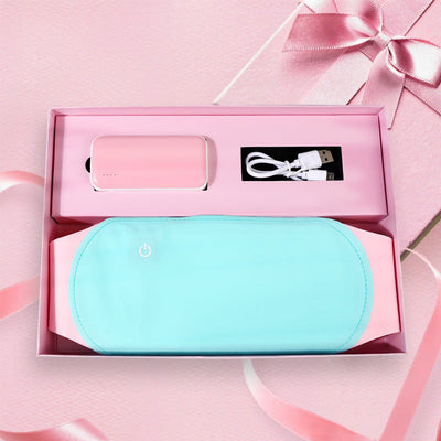 Warm Heart Heating Belt in blue with USB charging pack and cable in pink gift box for menstrual pain relief