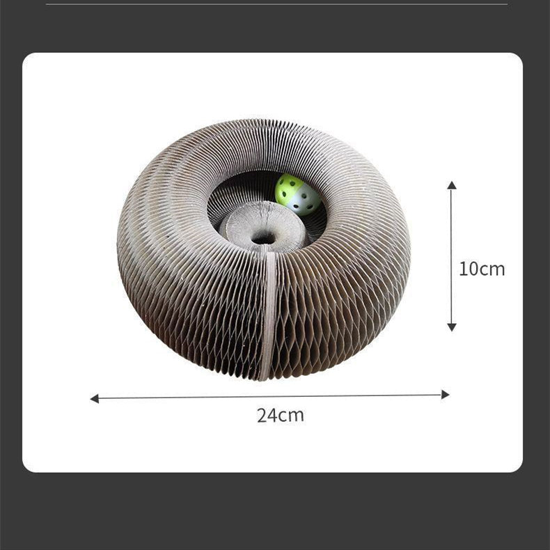 Corrugated and foldable round cat paper nest with a green ball toy, 24x24x10cm for cat play