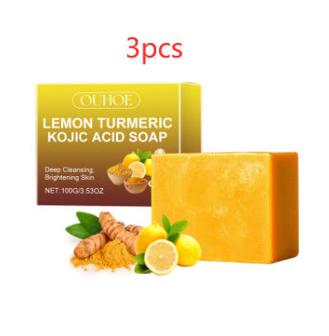 Lemon Turmeric Kojic Acid soap bar with natural ingredients for deep cleansing and brightening skin.