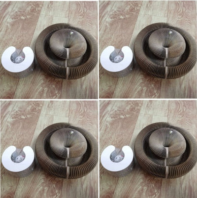 Corrugated and foldable cat paper nest toy with round layered design on wooden floor