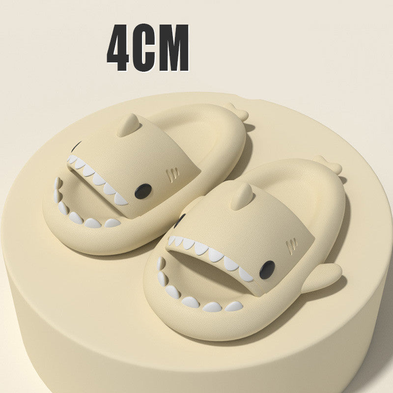 Beige adult's slippers with funny shark cartoon design and 4cm sole height for indoor and outdoor use