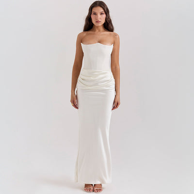woman wearing white slim tube top long backless evening dress sexy style
