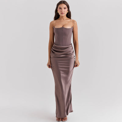 woman wearing slim tube top long backless evening dress in sexy style