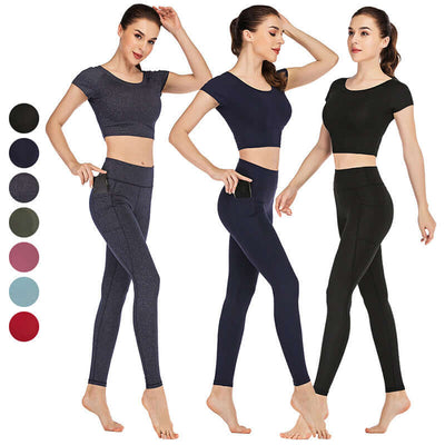 Women wearing pocket yoga clothes suit in various colors made of versatile Lycra fabric, available in sizes S, M, L, XL