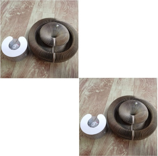 Corrugated and foldable cat paper nest toy with a small play mouse on wooden floor.