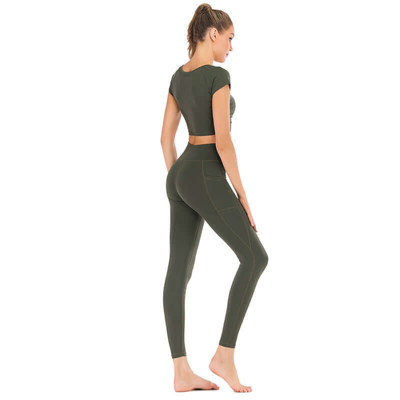 Woman wearing military green pocket yoga clothes suit in size S M L XL, made of versatile Lycra fabric for fitness and sports activities