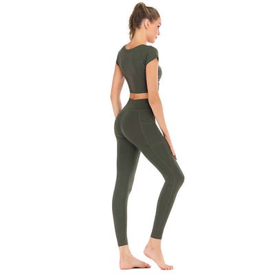 Woman wearing military green pocket yoga clothes suit in size S M L XL, made of versatile Lycra fabric for fitness and sports activities